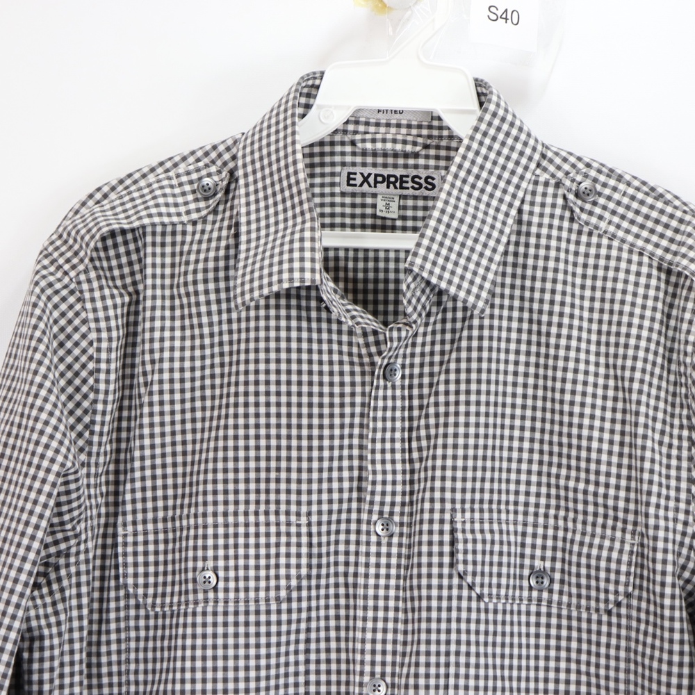 Express Mens Medium Fitted Button Front Shirt Gray - image 2